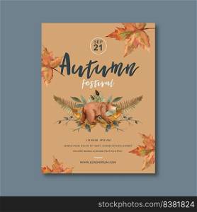 Autumn themed Poster design with plants concept, creative forest animal illustration template