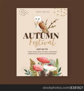 Autumn themed Poster design with plants concept, creative night owl illustration template
