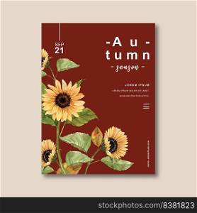 Autumn themed Poster design with sunflower concept, creative contrast colour illustration template