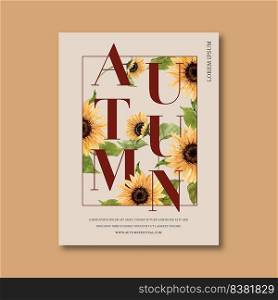 Autumn themed Poster design with sunflower concept, creative foliage vector illustration template