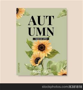 Autumn themed Poster design with sunflower concept, creative green illustration template