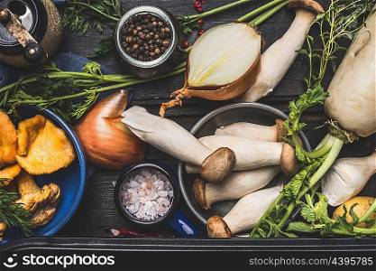 Autumn vegetables and mushrooms for tasty cooking, top view