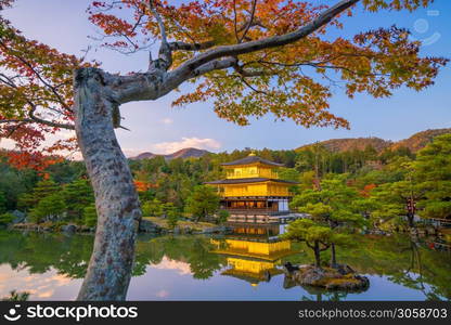 Autumn view of The Golden Pavilion of Kinkaku-ji temple in Kyoto, Japan at sunset