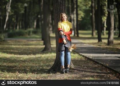 autumn view, one girl walks in the park / yellow leaves, autumn park, a lonely girl is resting in autumn park
