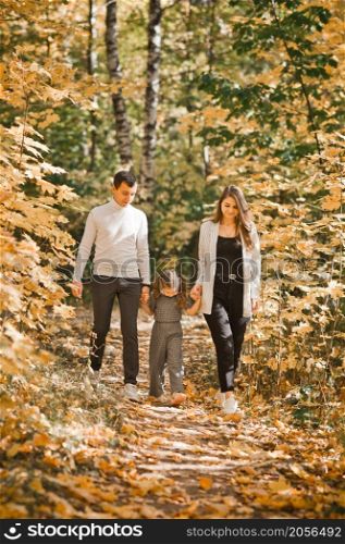 Autumn walk of a young family in the forest.. Dad, mom and daughter are walking in the autumn forest 3366.