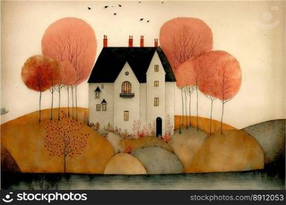 Autumn watercolor landscape.House in the trees.Small building in forest.Minimalism created by≥≠rative AI