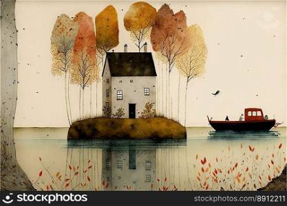 Autumn watercolor landscape.House in the trees.Small building in forest.Minimalism created by generative AI