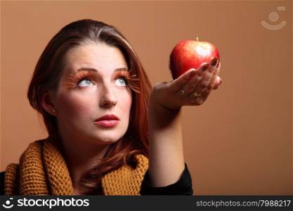 Autumn woman apple fashion female, fresh girl glamour eye-lashes
