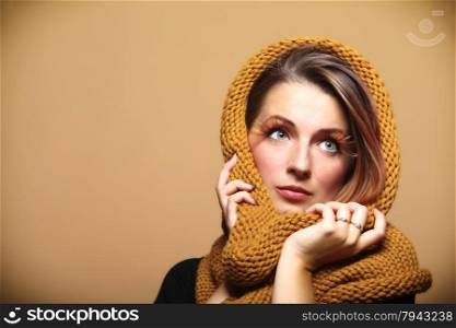 Autumn woman in sepia fashion female, fresh girl glamour eye-lashes autumn colour