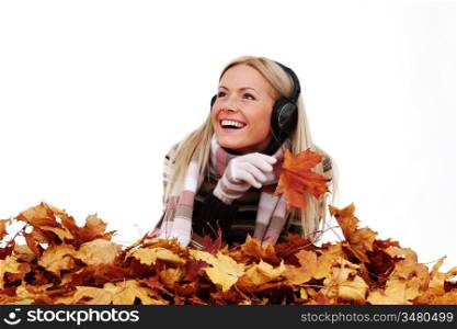 autumn woman listening music in studio