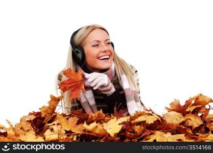 autumn woman listening music in studio