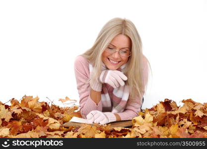 autumn woman read in studio on leaves