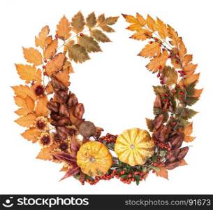 Autumn Wreath of Leaves, Berries, Flowers and Pumpkins of Orange, Yellow and Red Colors on the White Background