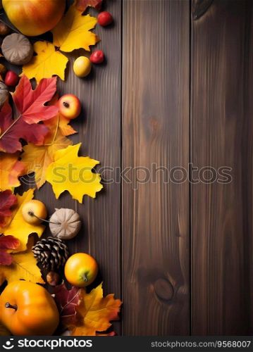 Autumnal decorations on a wooden background. Yellow and red leafs, apples, nuts and cones on a wooden background. Top view.. Autumnal decorations on a wooden background. Yellow and red leafs, apples, nuts and cones on a wooden background. Top view