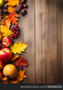 Autumnal decorations on a wooden background. Yellow and red leafs, apples, nuts and cones on a wooden background. Top view.. Autumnal decorations on a wooden background. Yellow and red leafs, apples, nuts and cones on a wooden background. Top view