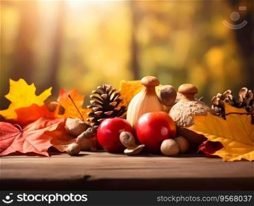 Autumnal decorations. Yellow and red leafs, apples, mushrooms, nuts and cones on a wooden table. Autumnal decorations. Yellow and red leafs, apples, mushrooms, nuts and cones on a wooden table.