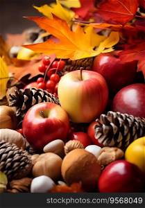 Autumnal decorations. Yellow and red leafs, apples, mushrooms, nuts and cones on a wooden table. Autumnal decorations. Yellow and red leafs, apples, mushrooms, nuts and cones on a wooden table.