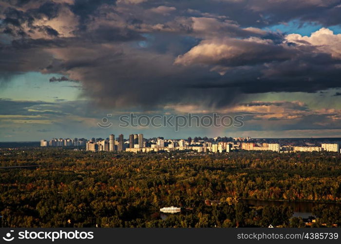 Autumnal urban landscape under moody skies