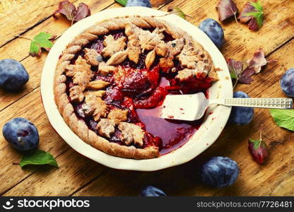 Autumnal yummy pie with plum.Fruit summer pastries. Autumn plum cake