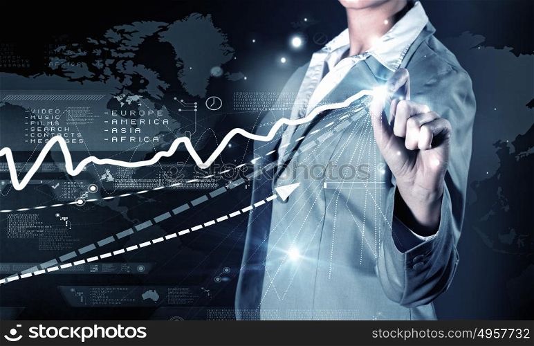 Avarage sales dynamics. Chest view of businesswoman drawing infographs on digital screen