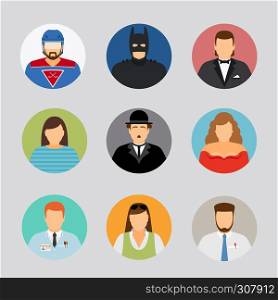 Avatar icons in flat design. Film actor and superhero, hockey player and businessman. Avatar icons in flat design