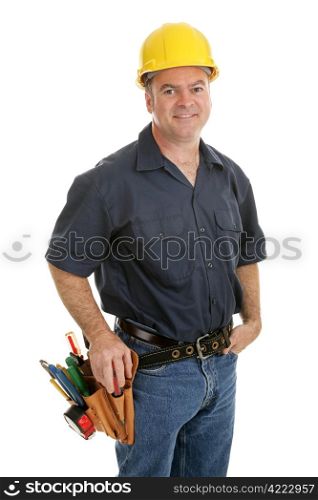Average construction worker in a hardhat with his tools. Isolated on white.
