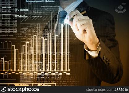Average sales dynamics. Chest view of businessman drawing with pencil increasing graph