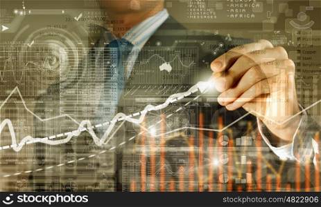 Average sales dynamics. Chest view of businessman drawing with pencil increasing graph