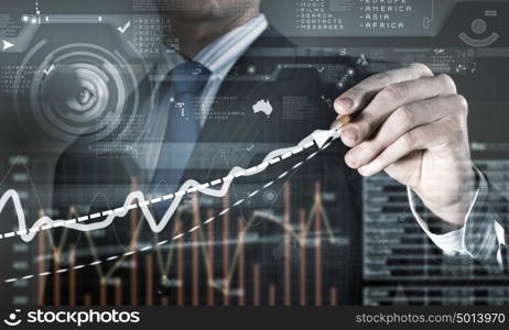 Average sales dynamics. Chest view of businessman drawing with pencil increasing graph