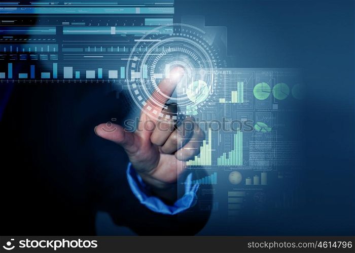 Average sales report. Businessman hand touching with finger virtual panel with infographs