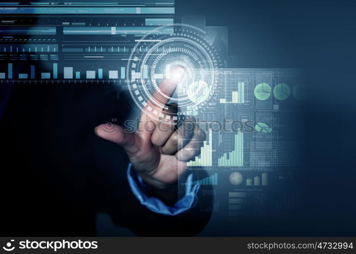 Average sales report. Businessman hand touching with finger virtual panel with infographs