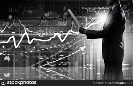 Average sales report. Businessman with papers in hands on digital infograph background