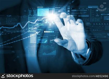 Average sales report. Businesswoman hand touching with finger virtual panel with infographs
