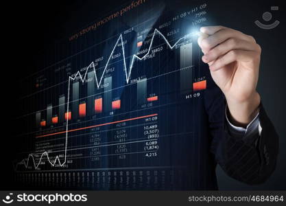 Average sales report. Close view of businessman drawing on screen market infographs