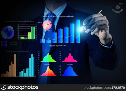 Average sales report. Close view of businessman drawing on screen market infographs