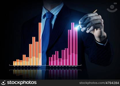 Average sales report. Close view of businessman drawing on screen market infographs