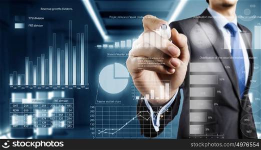 Average sales report. Close view of businessman drawing on screen market infographs