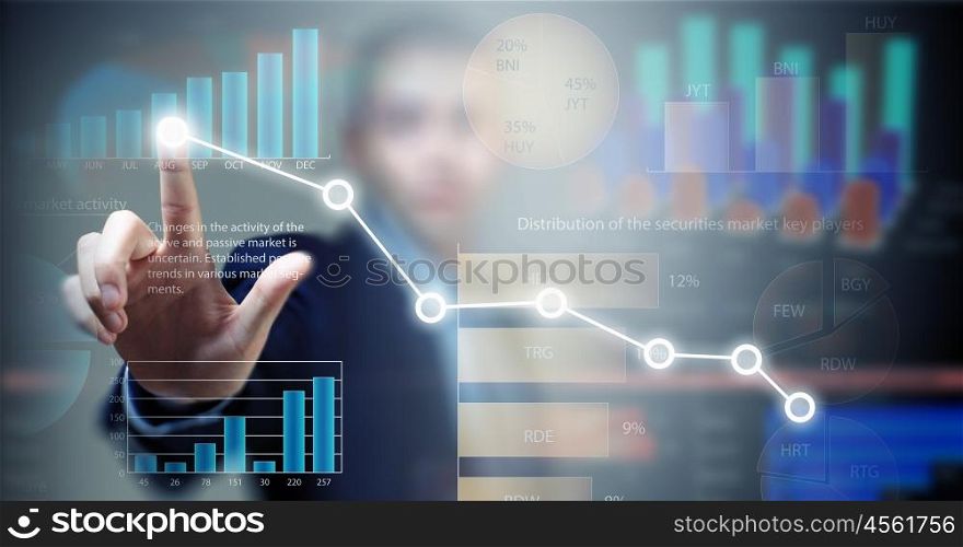 Average sales report. Close view of businessman touching screen with market infographs