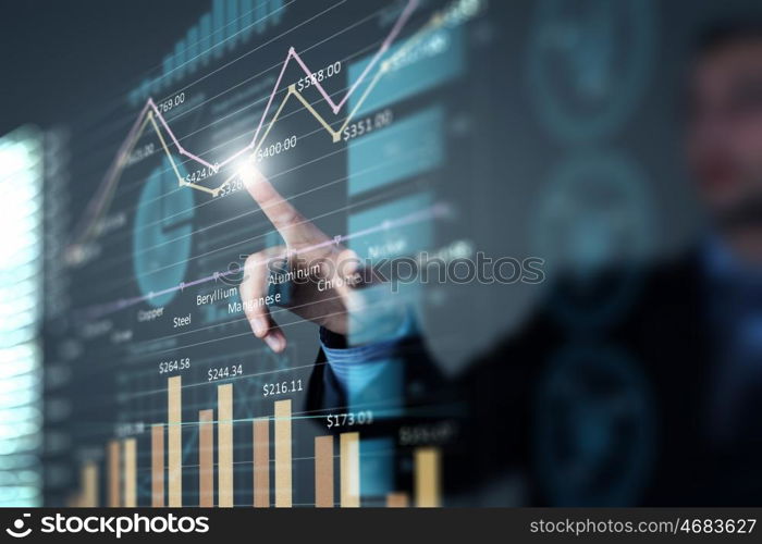 Average sales report. Close view of businessman touching screen with market infographs