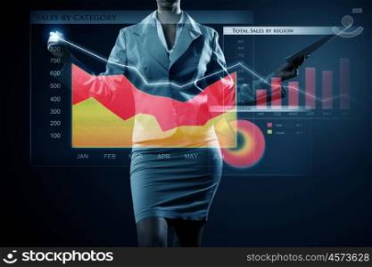Average sales report. Close view of businesswoman drawing on screen market infographs