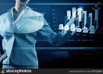 Average sales report. Close view of businesswoman drawing on screen market infographs