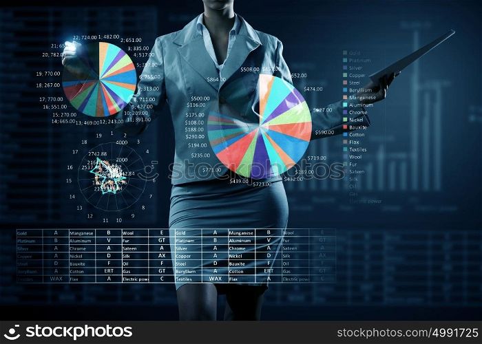 Average sales report. Close view of businesswoman drawing on screen market infographs