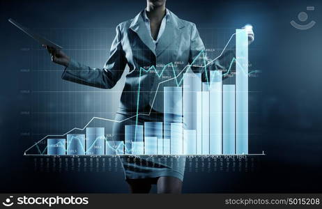 Average sales report. Close view of businesswoman drawing on screen market infographs