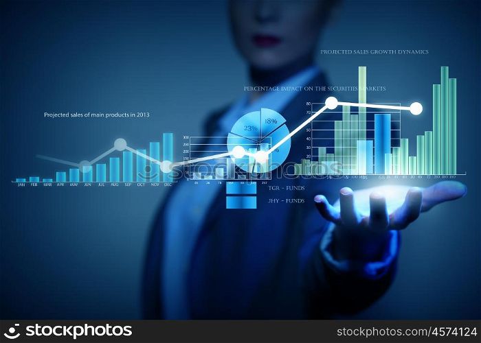 Average sales report. Close view of businesswoman touching screen with market infographs
