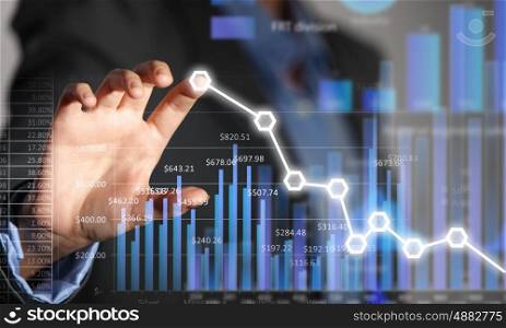 Average sales report. Close view of businesswoman touching screen with market infographs
