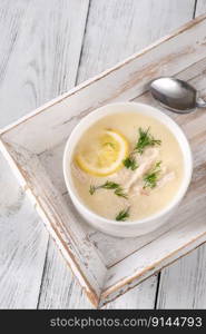 Avgolemono Chicken Soup with Rice and lemon