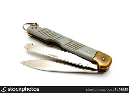 Aviation folding knife with an edge and a saw of gray color with a loop for fastening