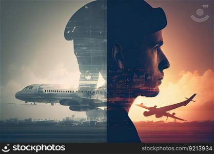 aviation industry double exposure of aircraft and aviator with blurred background, created with generative ai. aviation industry double exposure of aircraft and aviator with blurred background