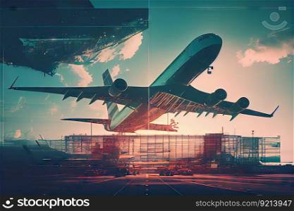 aviation industry double exposure with plane flying over busy airport terminal, created with generative ai. aviation industry double exposure with plane flying over busy airport terminal