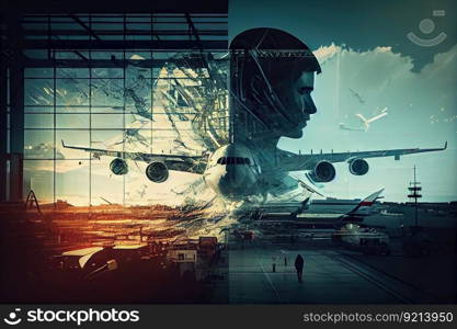 aviation industry double exposure with plane flying over busy airport terminal, created with generative ai. aviation industry double exposure with plane flying over busy airport terminal